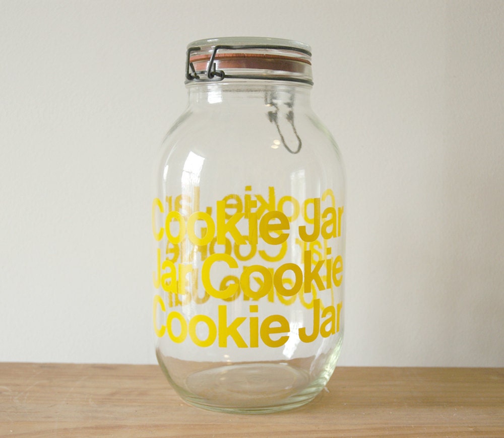 Cookie Jar Glass Canister Yellow Typography by Carlton, Large Mason Jar Style