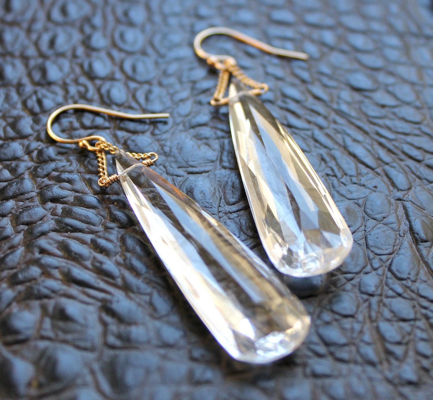White Quartz Crystal Dangle Earrings Tear Drop Wedding Statement Jewelry 14K Gold