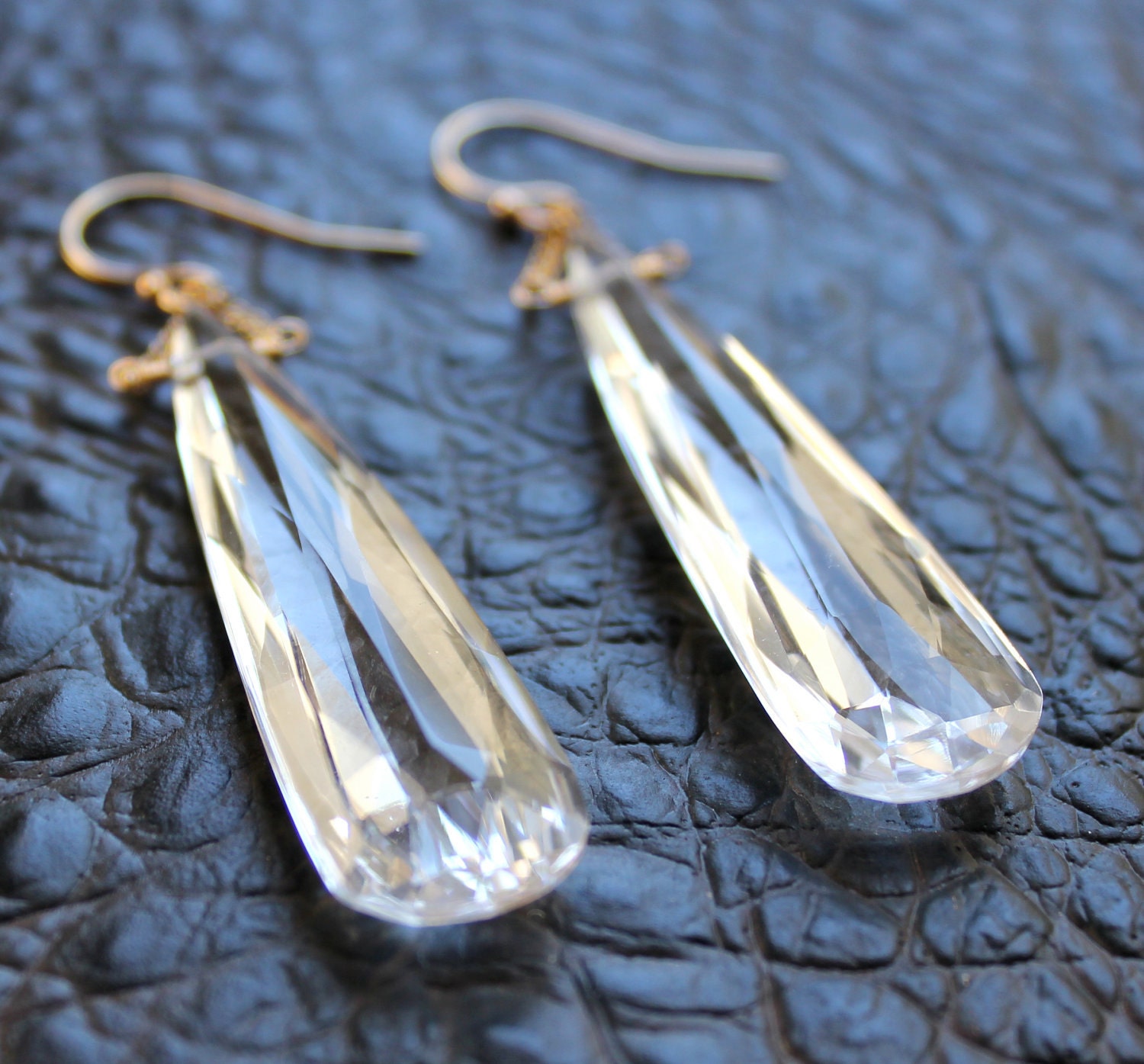 White Quartz Crystal Dangle Earrings Tear Drop Wedding Statement Jewelry 14K Gold