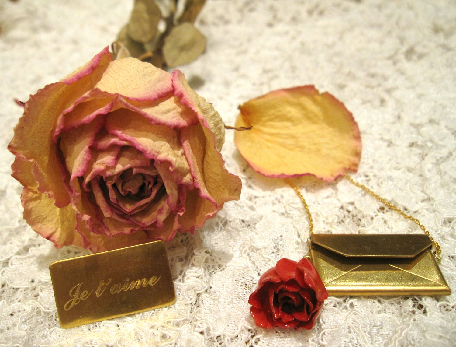 Vintage Red Rosebud "I Love You" Necklace