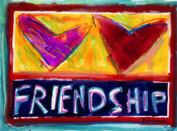 Friendship Howard Kline heart word art yellow red blue home decor decoration watercolor print