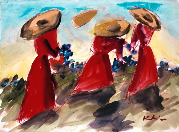 Late Afternoon Howard Kline sun maiden art women with red hats landscape home decor decoration watercolor print