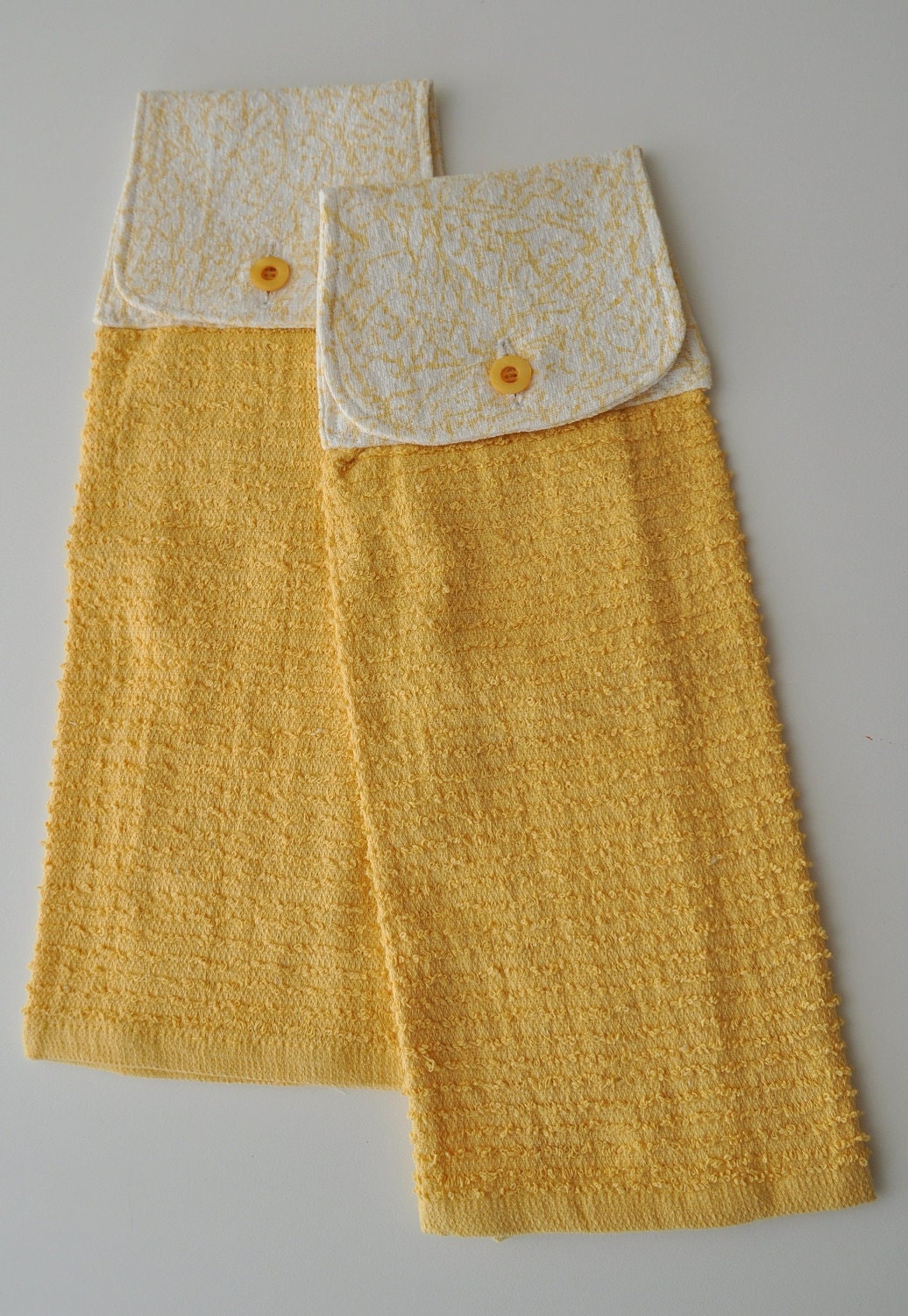 Hanging Kitchen Towel Set- Yellow Vintage Print Cotton Fabric and Terry Cloth Towel with Button                      Accents