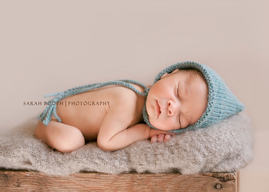 Baby Hat - Knit Baby Pixie Hat - Newborn Photo Prop - Blue Baby Bonnet