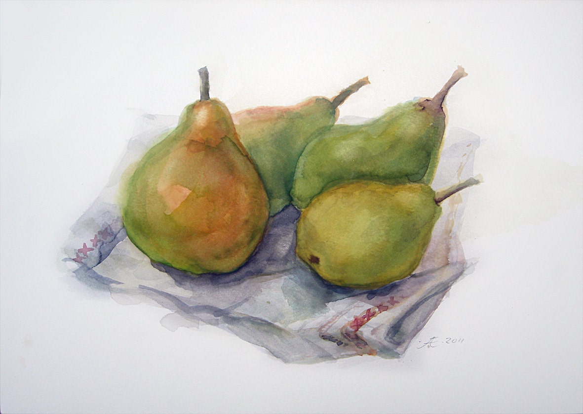 Pears Fruit Green Painting, original watercolor, organic, autumn, kitchen, wall art