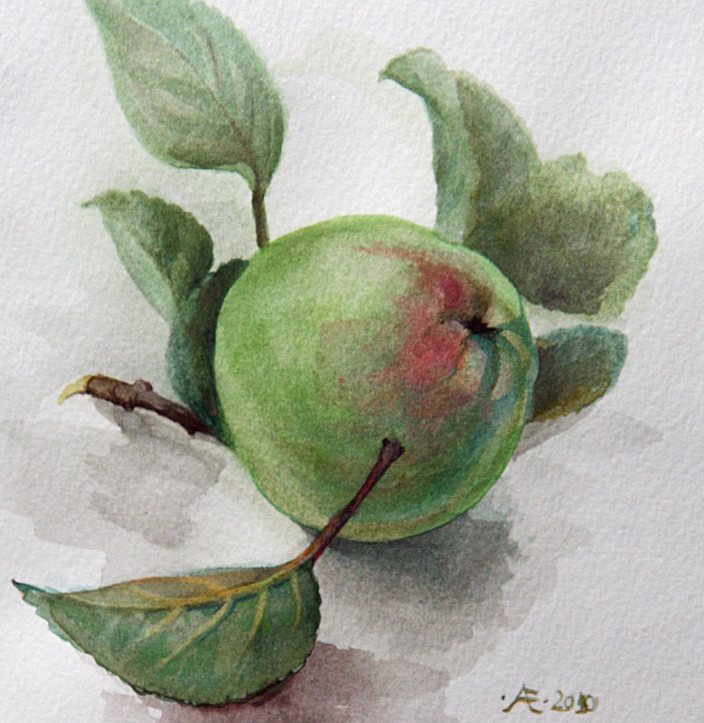 Apple, leaves, green, original watercolor painting, fresh, gardening, farm country gift