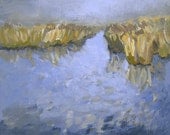 Abstract, acrylic, blue painting, Dutch landscape, Reed and Water, acrylic on canvas, mustard yellow, sky blue art