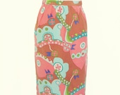 1970s Retro Print Pencil Skirt - Seafoam, Coral, and Lt. Brown - Size 6