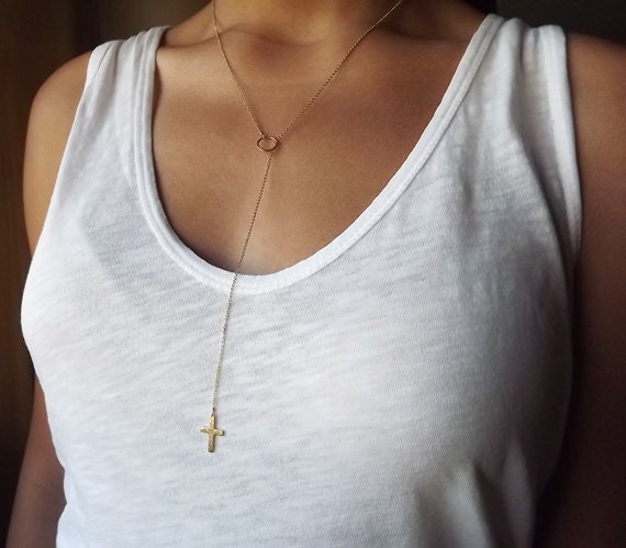Gold Filled Hammered Cross Long Lariat - Gold Necklace - Everyday Necklace - Cross Necklace - Religious Jewelry