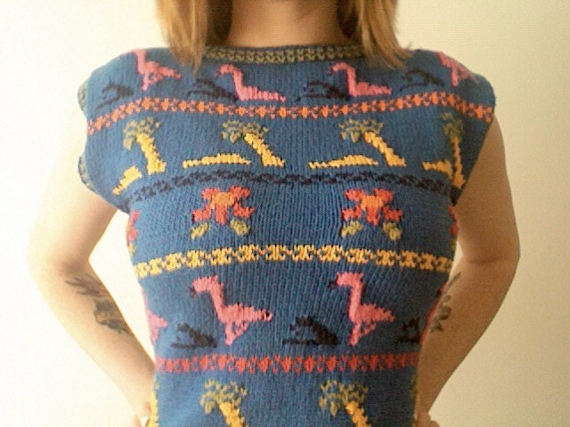 Vintage 1980s ladies knitted tank top, pink flamingos palm tree design UK size 10-12