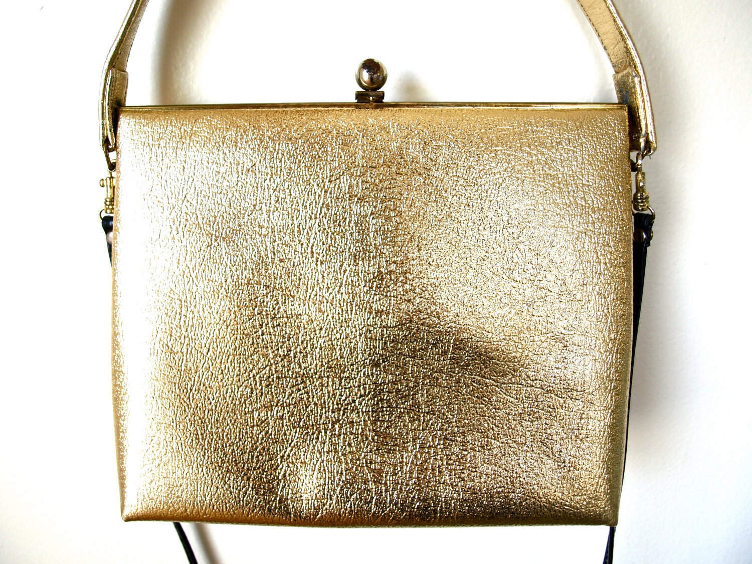Sale - Vintage 1970's Electric Gold Leather Purse with Black Paten Leather Detachable Strap and Metal Snap Closure