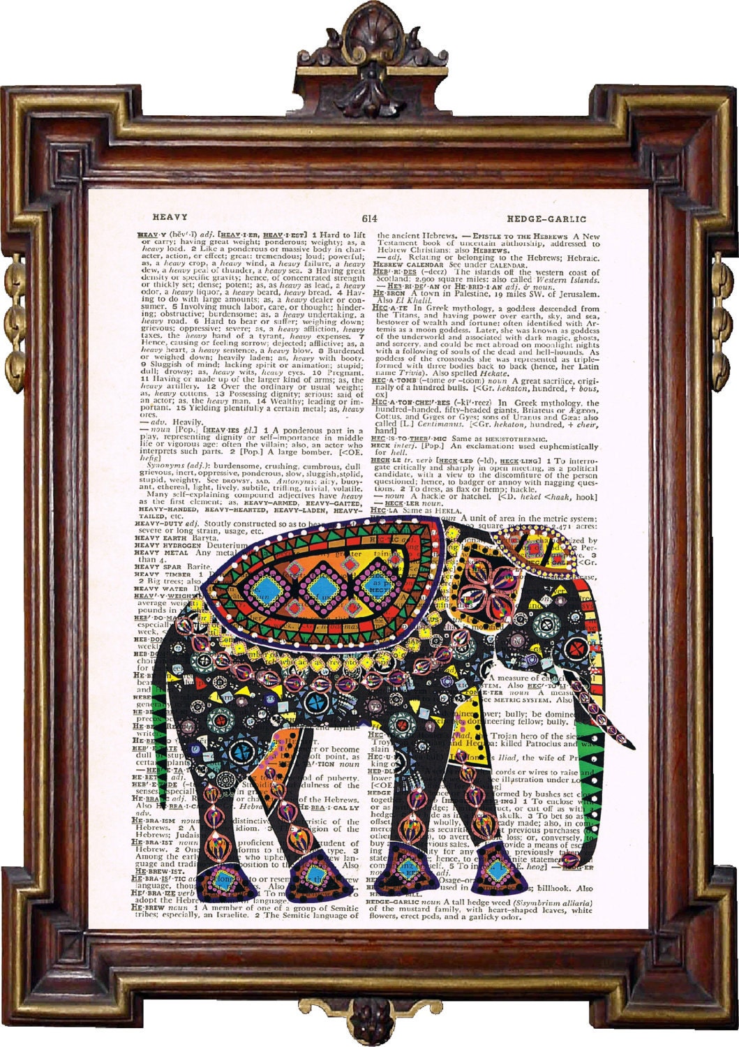 INDIAN ART ELEPHANT Colorful Upcycled Art Print Illustration Upcycled Book Page Antique Vintage Book Print