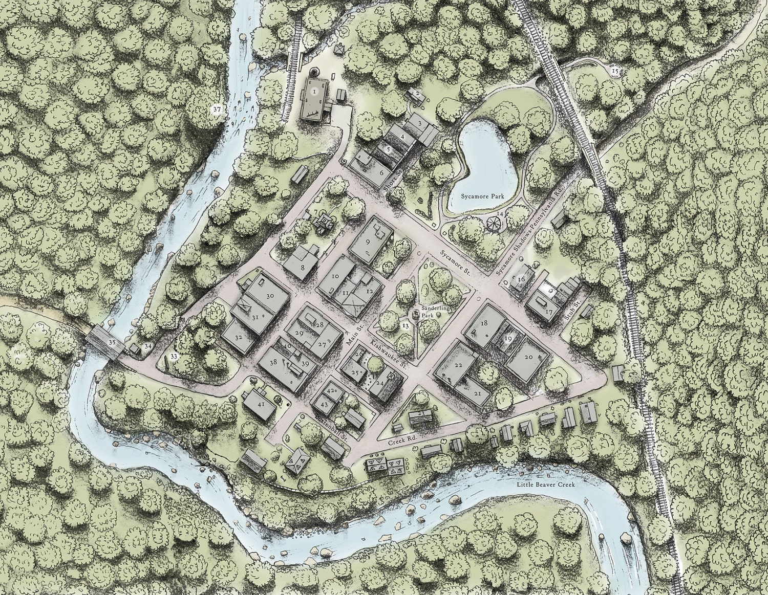 Sycamore Shadows Town Map Postcard