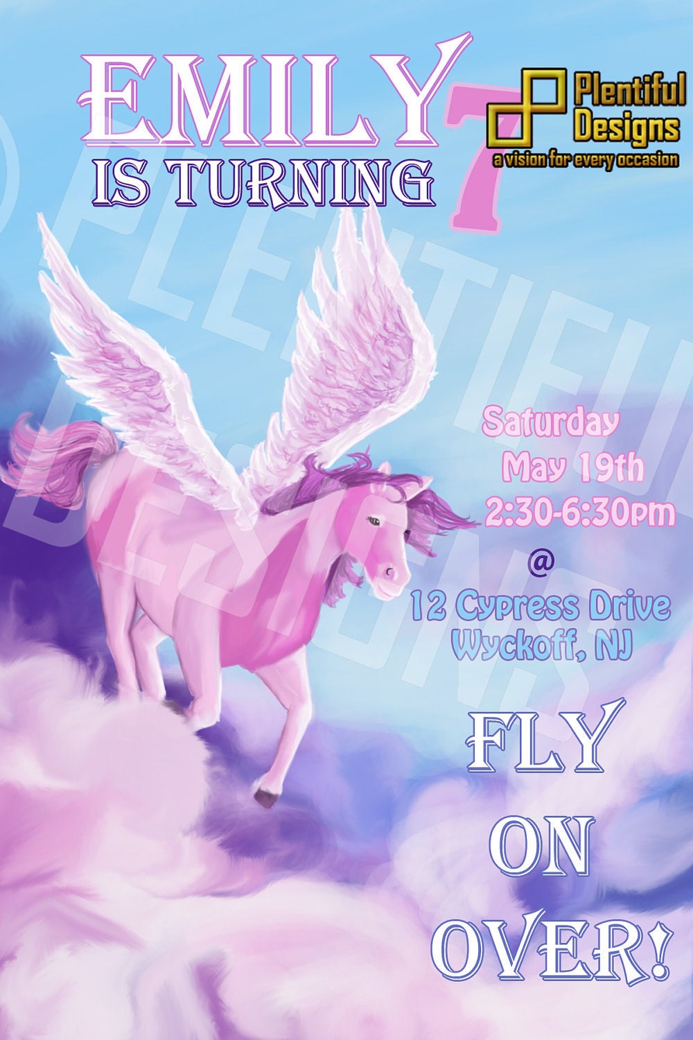 Pegasus Birthday Girl Invitation, painted birthday invite, you print, flying horse, pink horse, 4x6