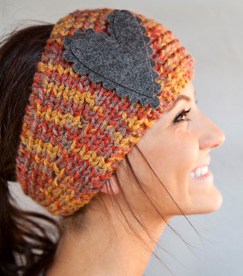 SALE Knitted Headband Rust Brown Gray Medley Headband Knitted Headband With Felt Heart READY To SHIP