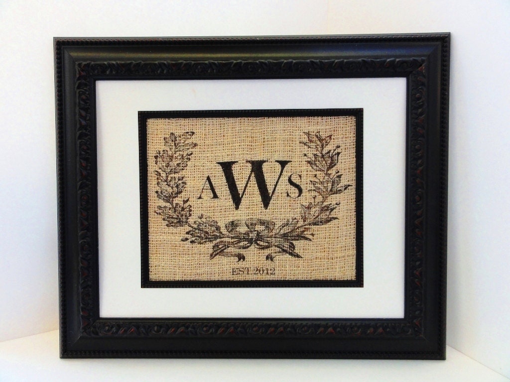 Custom Monogram with Crest, Initials and Est. Date for Engagements, Weddings, Birth Announcement, etc. Burlap Wall Art