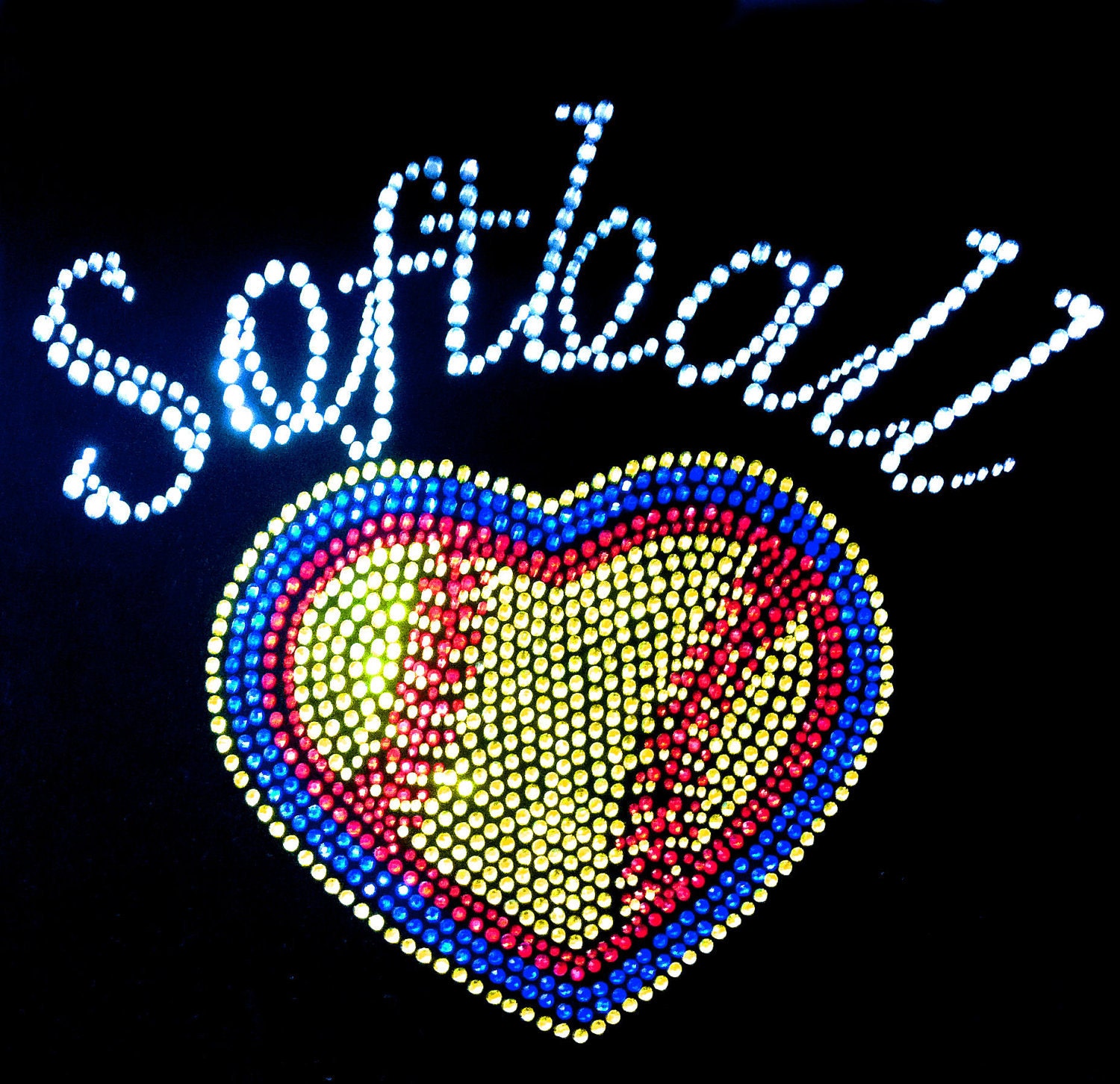 Softball Heart Rhinestone Transfer - Rhinestone Softball Transfer - Rhinestone Sports Design