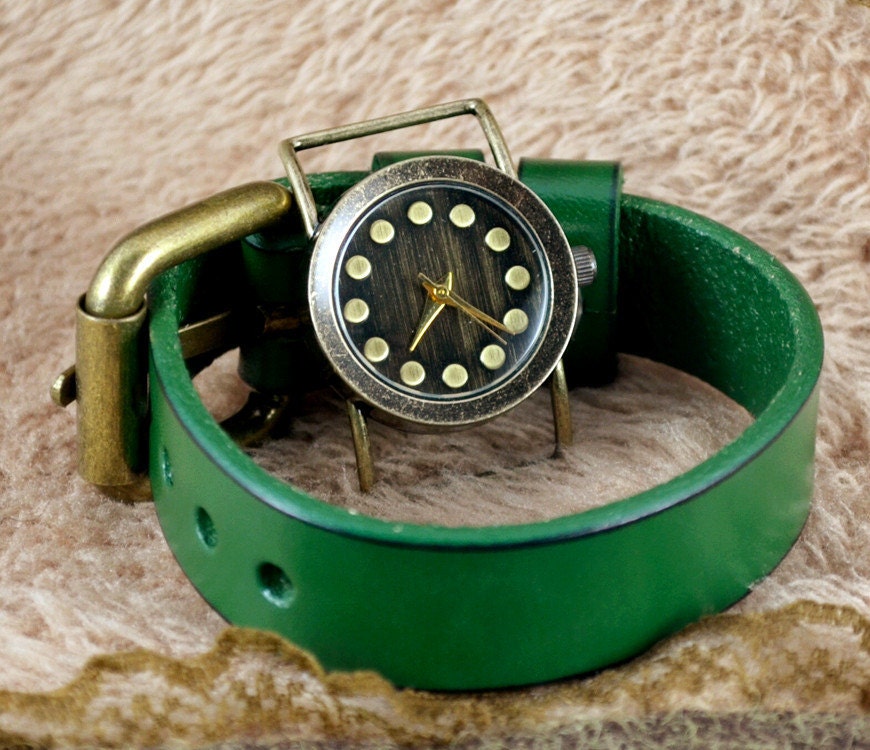 Leather Watch & bracelet ,Green leather,vintage,classical, WN06-2