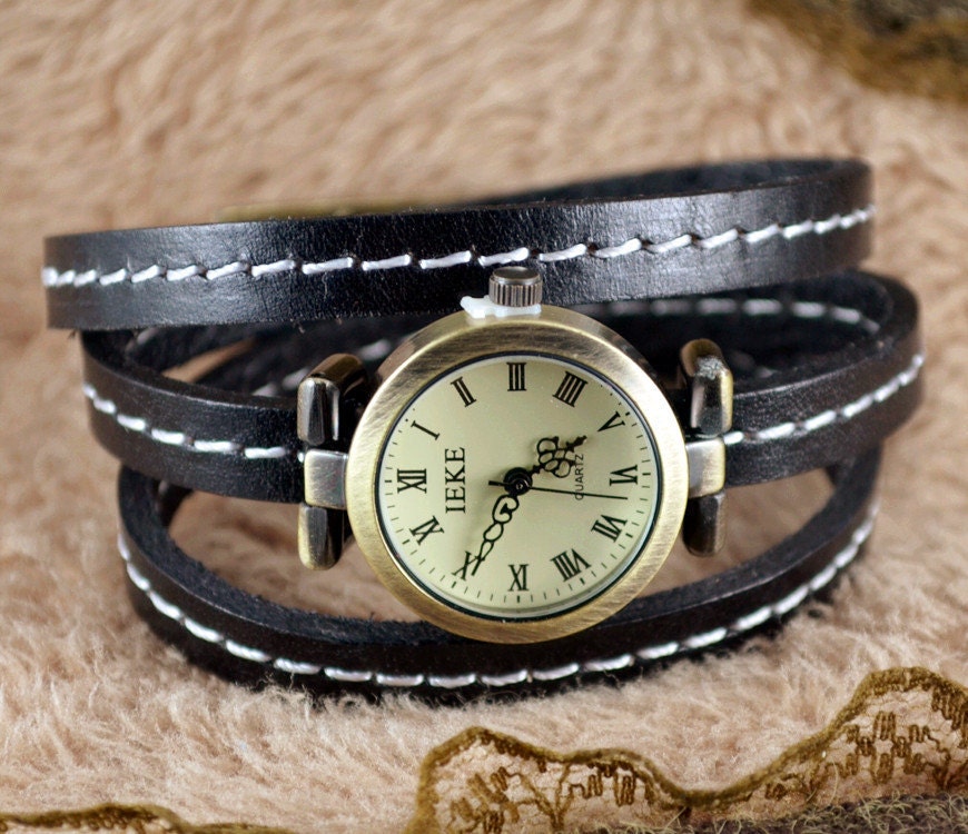 Leather Watch & bracelet ,Black leather,vintage,classical,3xwrap WN04-1