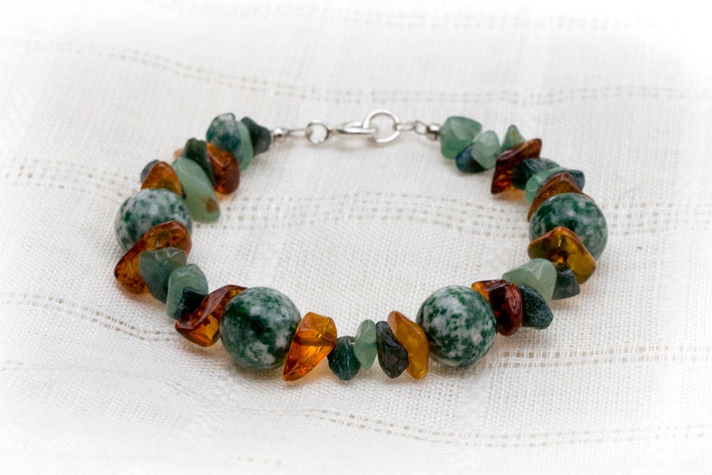 Bracelet of moss agate, amber and aventurin - deep forest