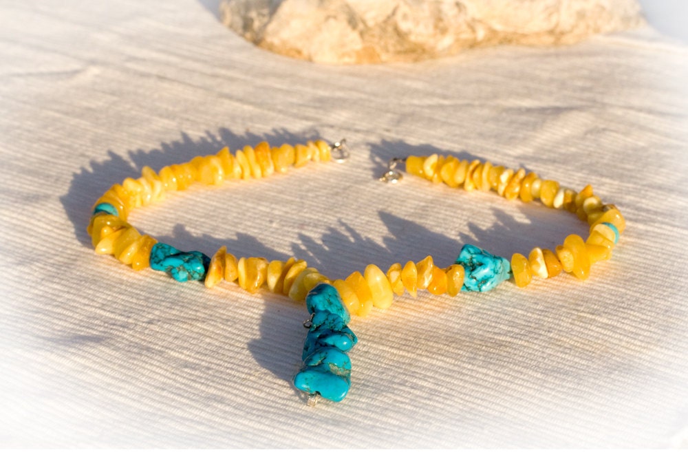 Butterscotch baltic amber and turquoise necklace - yellow and blue