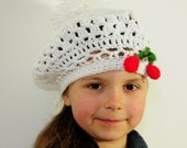 Girl's Hand Crochet White Hat with Cherry and Pompom  - Baby, Todler, Child, made by PrincesaAnastasia