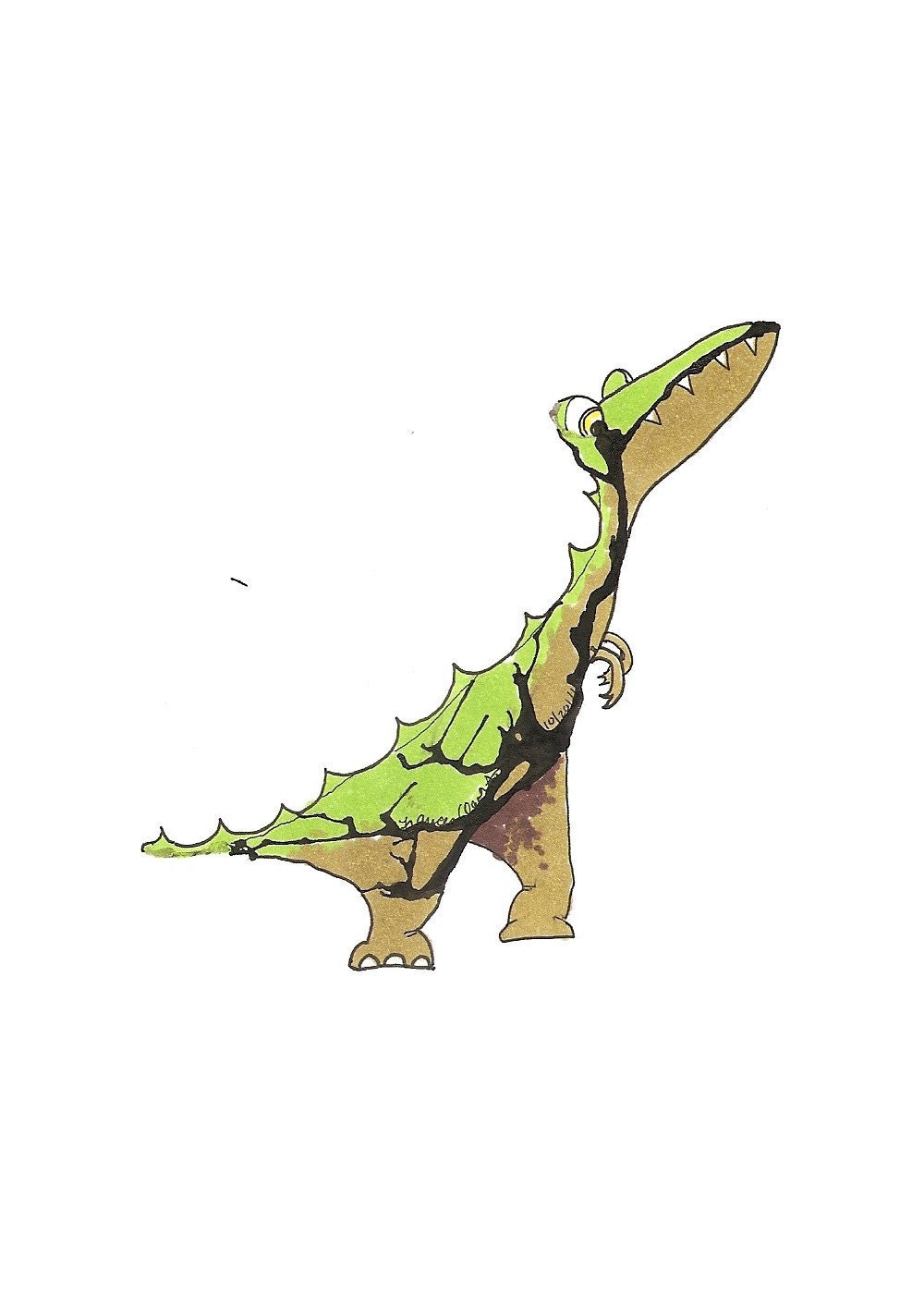 Green and Brown T Rex Dinosaur- Original Inkblot Art Illustration 5 x 7