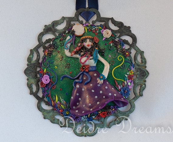Gypsy Necklace - Original Wearable Art Jewelry - Unique Cameo Pendant - Hippie Boho Gypsy Art Pendant - Sculpted Painting - Dancing Gypsy