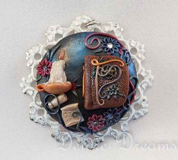 Goth Pagan Pendant - Original Wearable Art Jewelry - Unique Cameo Sculpted - Book of Shadows Witch Pendant - Halloween Wiccan Pagan Jewelry