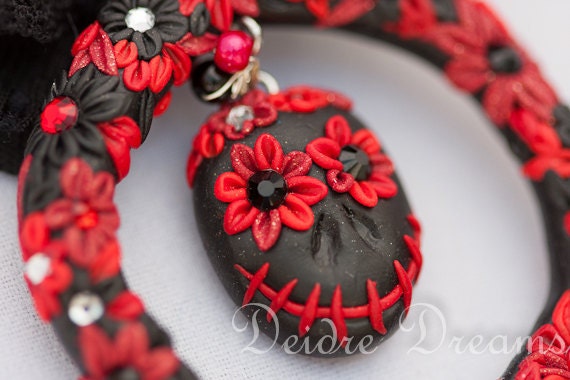 Reserved for Monica Black Velvet Choker - Polymer Clay Flowers Sugar Skull Pendant - Day of the Dead Dia de los Muertos - Halloween Jewelry