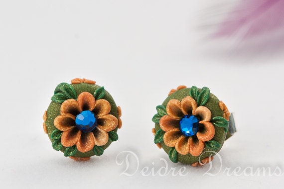 Bridal Flower Earrings - Gypsy Stud Post Back Earrings - Polymer Clay Flowers Earrings Embroidered - Hippie Boho India - Summer Wedding