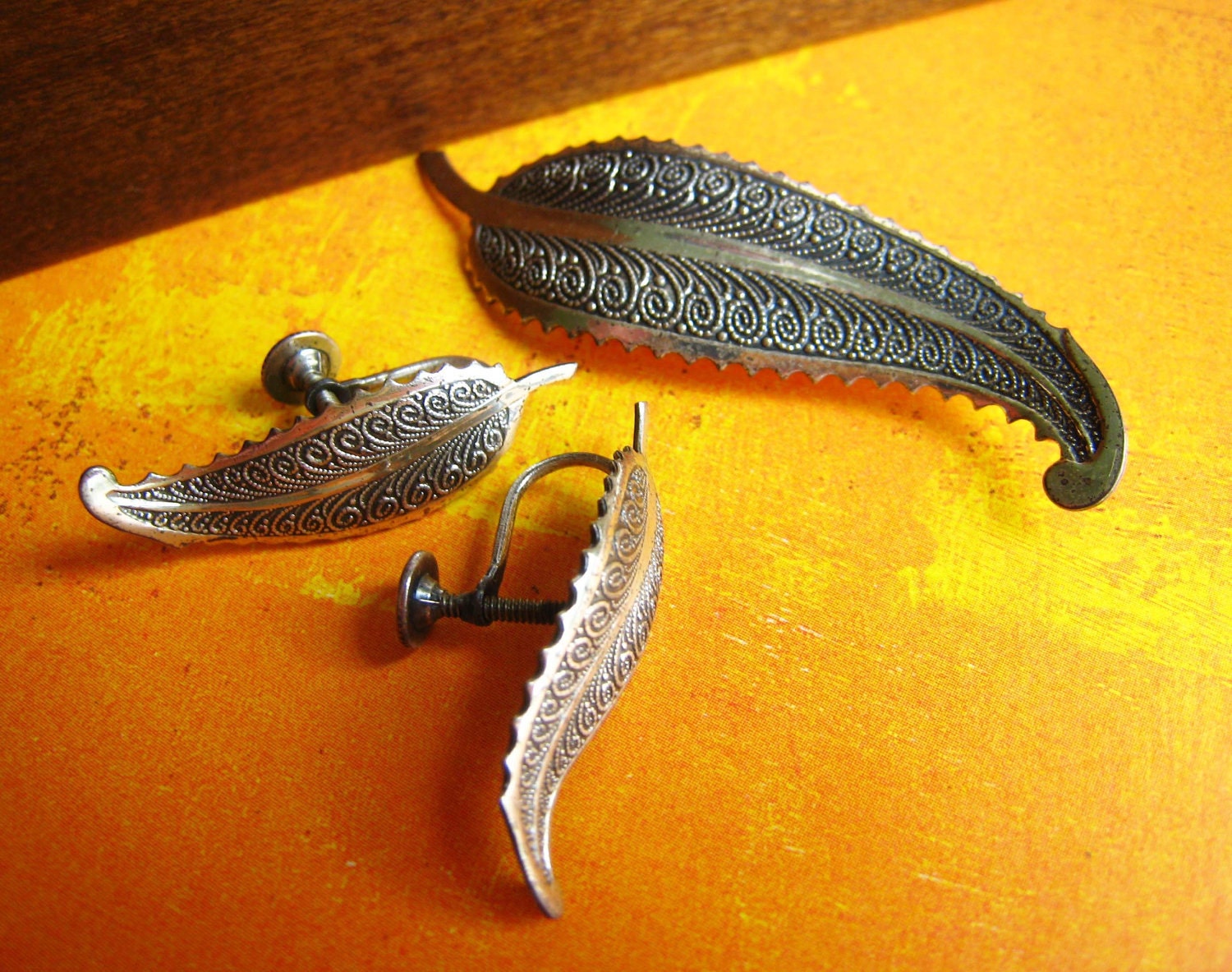 Vintage Leaf Earrings and Pin by Beau Sterling
