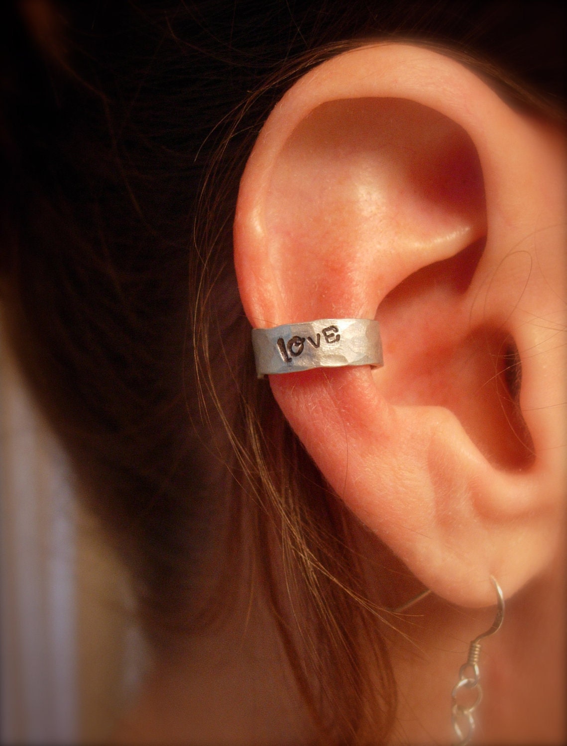 Ear Cuff, Hand Hammered Aluminum with LOVE stamped into the metal and blackened
