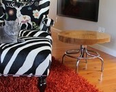 Modern Side table - round Wood top with vintage steel base. Eco friendly Salvaged Maple