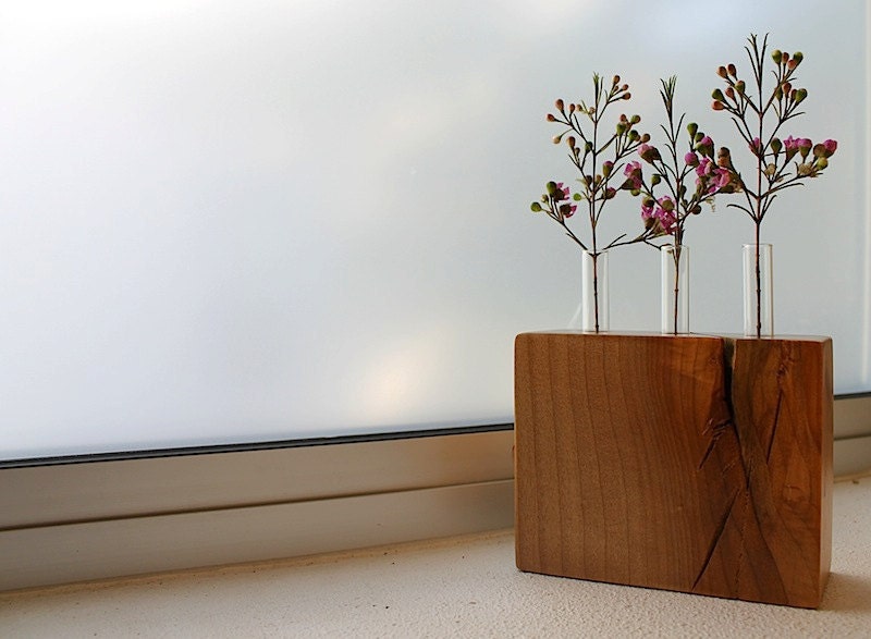 Test tube bud vase with wood base made of locally Salvaged eco friendly Maple