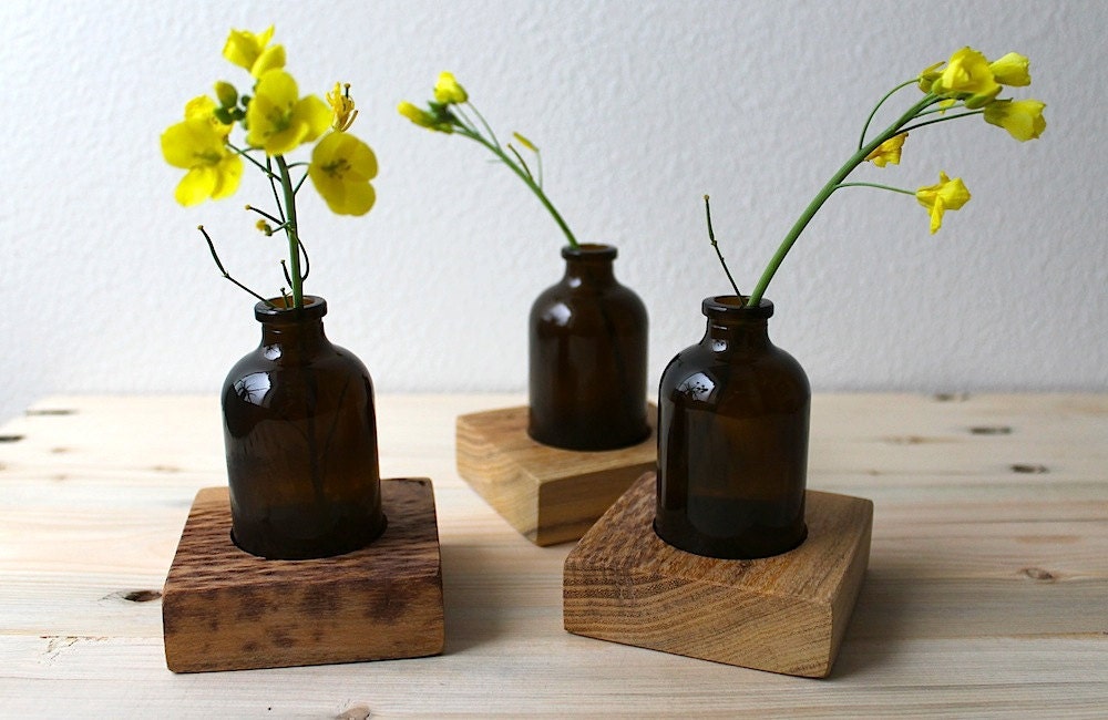 Eco Flower vase with wood base and reclaimed amber glass bottles (Set of 3)