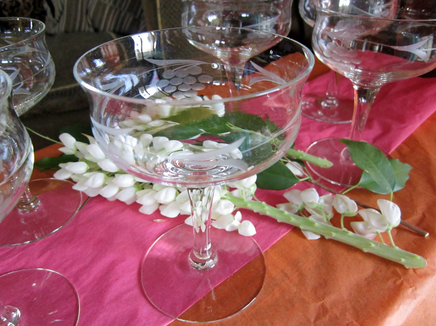 Crystal Stemware Etched Grape Motif  6-pieces