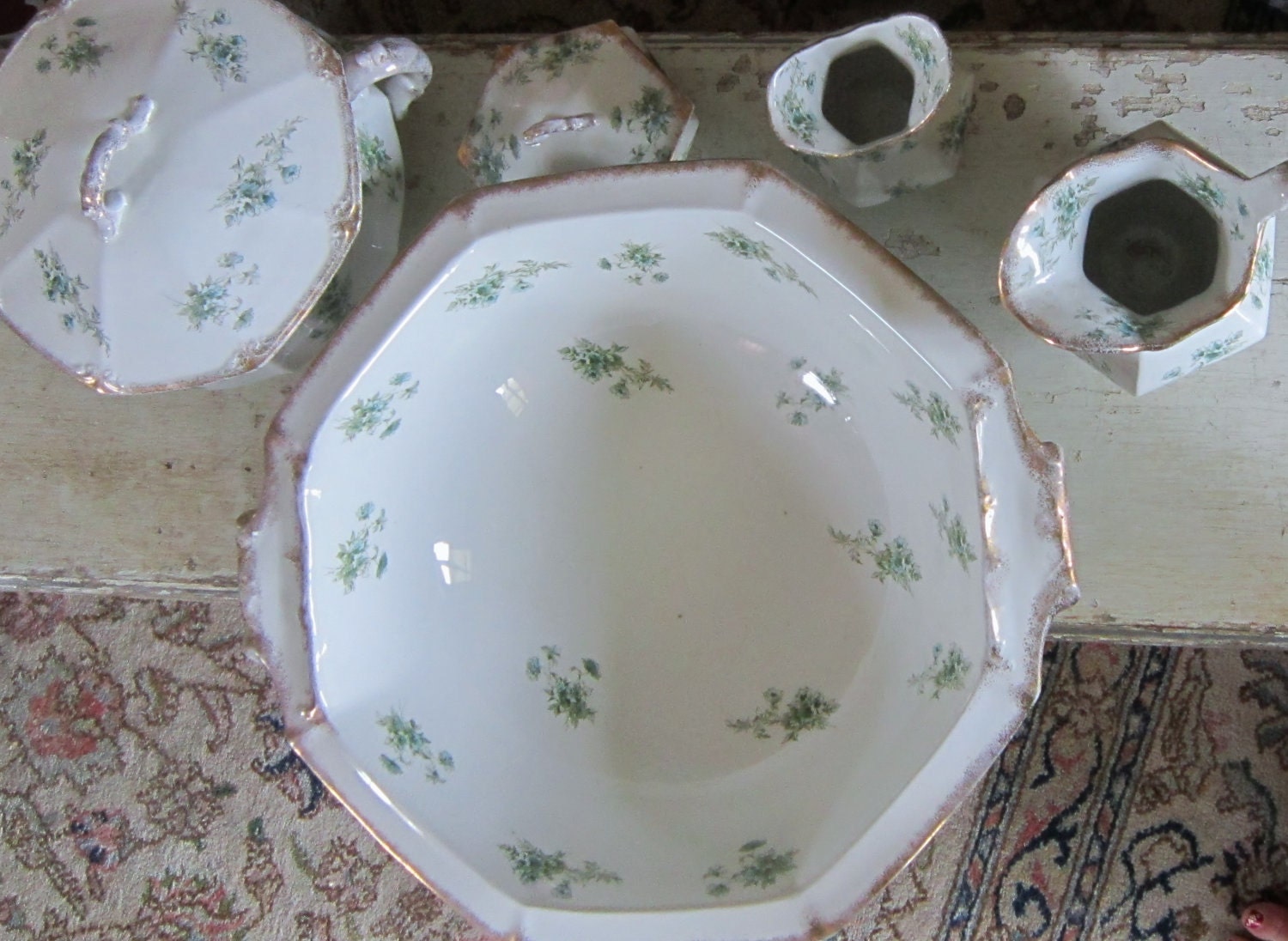 Wash Set W.H. Grindley & Co Semi Porcelain Wash Set, Late 19th Century Blue/Green