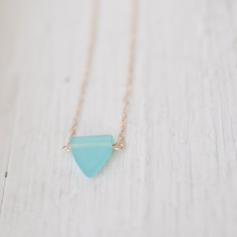 light blue triangle necklace - delicate 14k gold fill chain - geometric jewelry - pennant in sea spray