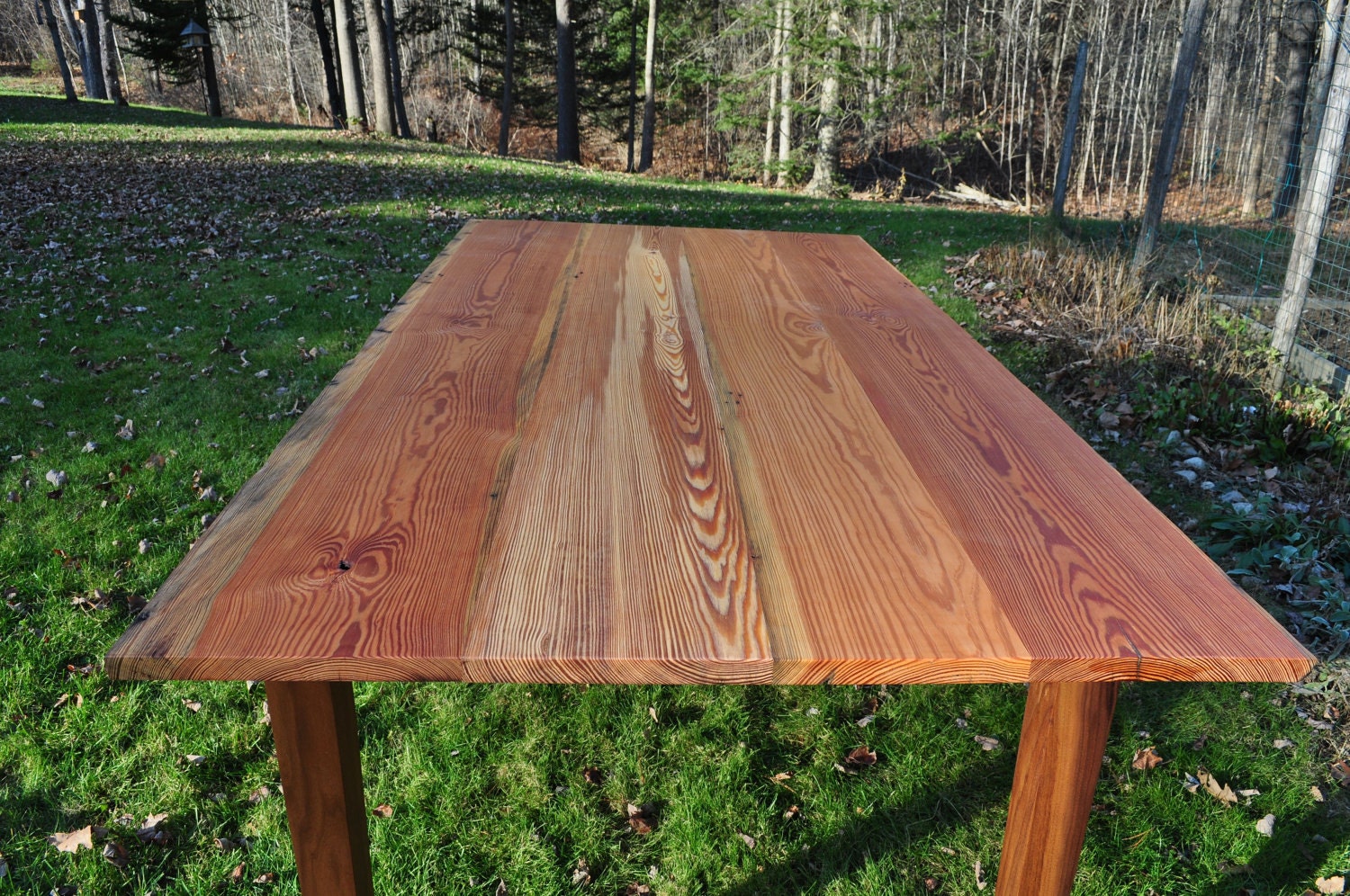 Reclaimed Heart Pine Harvest Table with Black Walnut legs & frame