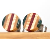 Recycled Skateboard Striped Flat Button Shaped 7 Layered Earrings Blue/Green, Red and Natural Colors