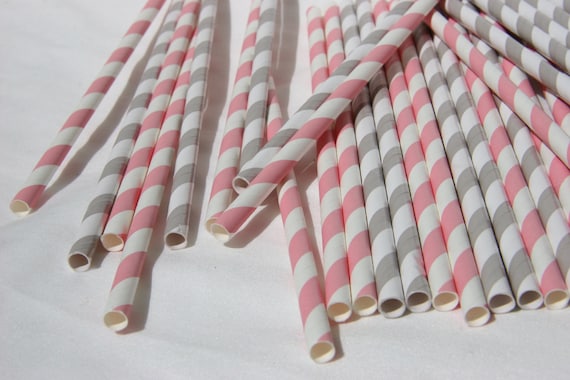Paper Straws in Light Pink and White Stripes and Grey and White Stripes, Pack of 200 Il_570xn