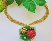 Custom Swarovski red lady bug locket enhancer pendant and multi strand chain necklace N95