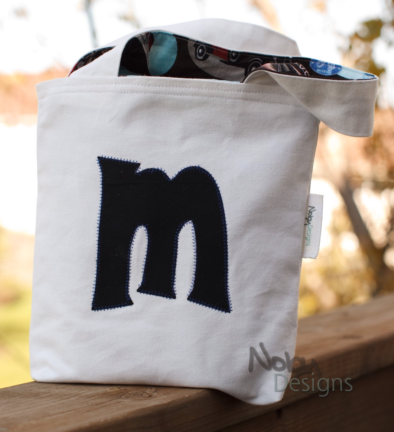 Reversible Monogrammed Boy's Tote "Let's Move" - Appliqued "M"