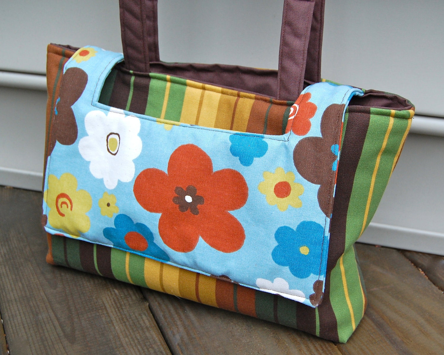 Spring SALE- The Reversible 'Nicole' Floral and Striped Satchel Laptop Handbag- Browns and Blues- Regularly 42