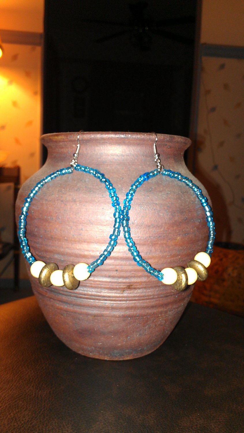 Caribbean Blue and Wooden Beaded Hoop Earrings: "Island Breeze"