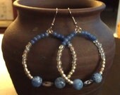 Blue, Silver, Gray, and Iridescent Beaded Hoop Earrings with Glass Beads