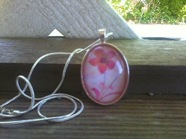 Pink flower pendant with silver necklace