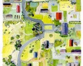 Watercolor Landscape Art Print of Original  Painting -- Birdseye View -- Vermont 3 -- Green