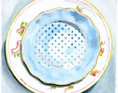 Still Life Kitchen Decor of Original Watercolor Painting -- Vintage Plates 3